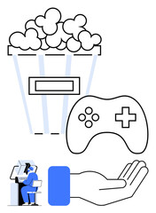 Popcorn bucket, game controller, person working at a computer, and an open hand. Ideal for entertainment, gaming, digital creation, creativity, collaboration leisure time and content development