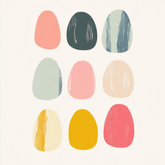 Fototapeta premium Abstract Easter eggs in a minimalist style with simple shapes and pastel colors, capturing modern elegance, festive spirit, and spring renewal