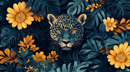 Majestic Leopard Resting Among Vibrant Flowers and Lush Green Leaves in a Tropical Natural Setting