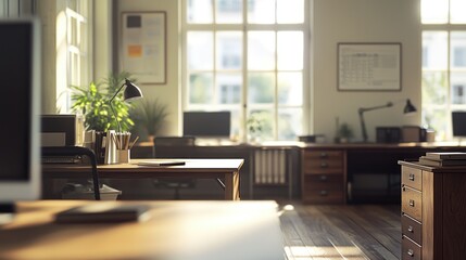 Fototapeta premium Sunlit Modern Office Workspace: A Serene and Productive Environment
