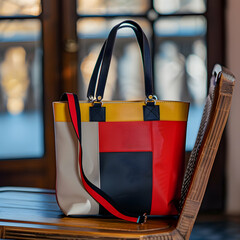 Stylish Multi-Colored Canvas Tote Bag with Geometric Stripes in a Modern Indoor Setting