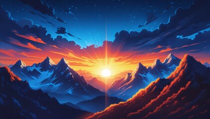 Naklejka premium Sunset and Sunrise Over Snowy Mountain Peaks