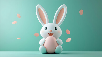 Obraz premium White Easter Bunny with Pink Egg on Green Background