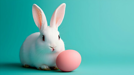 Obraz premium White Easter Bunny with Pink Egg on Teal Background