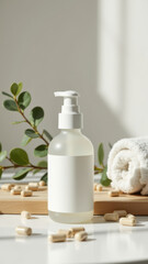 A photograph featuring a bottle of magnesium glycinate dietary supplements placed on a wooden surface with a blurred background.