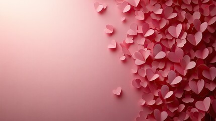 Obraz premium Many small pink paper hearts form a romantic background ideal for Valentine's, Mother's Day, or spring projects, leaving ample left,side copy space.