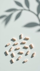 Magnesium glycinate tablets on a surface with leaves' shadows.