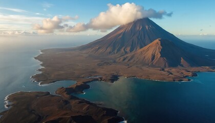 Panoramic view Galapagos Islands. Volcanic landscape, ocean, mountain. National park, travel destination, remote island, pacific ocean. Volcano peak, clear sky, blue water sea, tropical climate,
