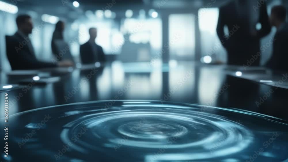 Poster futuristic circular hologram interface displaying data and information on a table during a business 