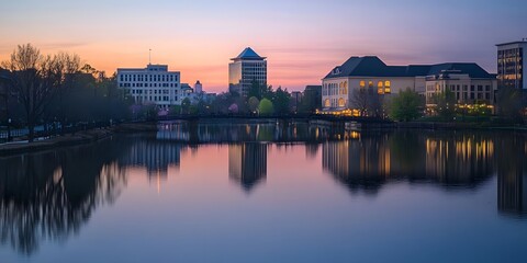 Fototapeta premium City Skyline Reflections: The urban landscape features a variety of buildings reflecting on tranquil water surface. Captured during twilight to portray peaceful and aesthetic.