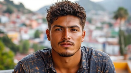 Confident Young Hispanic Man Portrait Against Blurred Latin American Cityscape