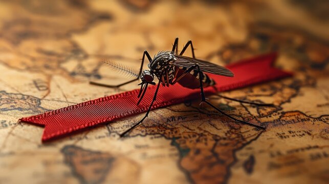 Mosquito Resting on Red Ribbon Over Antique World Map Illustrating Global Risk