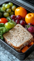 Healthy lunchbox filled with fruits, vegetables, and sandwich