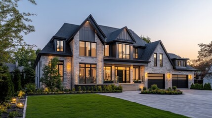 Luxurious modern home at dusk, showcasing stone facade, large windows, and landscaped yard.