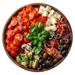 Rustic Antipasto Bowl with Tomatoes, Cheese, Olives, Artichoke, and Cured Meats