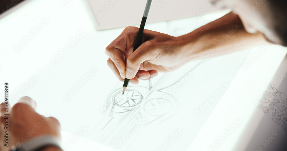 Poster person, hands and designer with drawing for car prototype, modeling or graphic design on light table