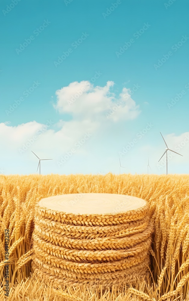 Poster a podium built from golden wheat, standing in the middle of a vast countryside field with windmills 