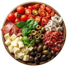 Overhead View of Gourmet Pizza Topping Platter on White Textured Background