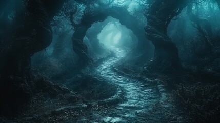 A haunted forest path shrouded in darkness and mist, with twisted trees and a haunting presence watching from the shadows