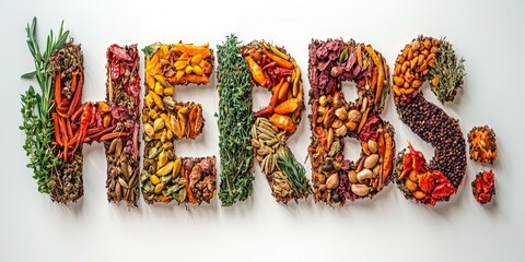 Vibrant Spice Arrangement Forming HERBS with Lush Green Herbs, Studio Shot on White Background