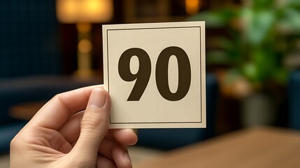 Hand holding a card with the number ninety.