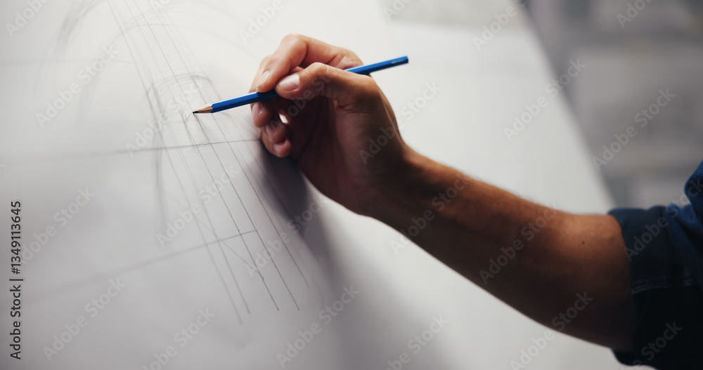 Poster hand, drawing or man in office, architecture or blueprints for renovation project. urban developer, 