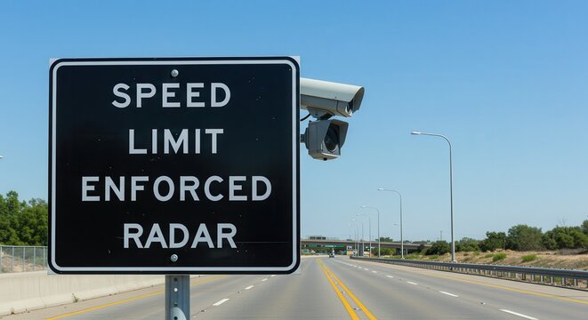 Driving Safety Speed Limit Enforced Sign on Highway with Traffic Cameras