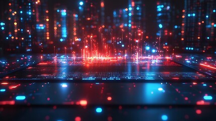 Fototapeta premium Futuristic digital cityscape with glowing lines and particles.