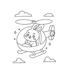 Coloring book rabbit ride a helicopter in the sky nature 