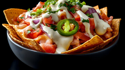 Nachos with Melted Cheese, Fresh Tomatoes, and Jalapenos in a Dark Bowl