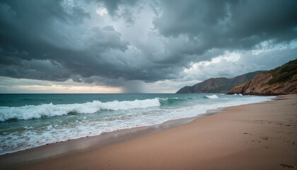 Stormy beach with crashing waves under dark clouds, dramatic atmosphere