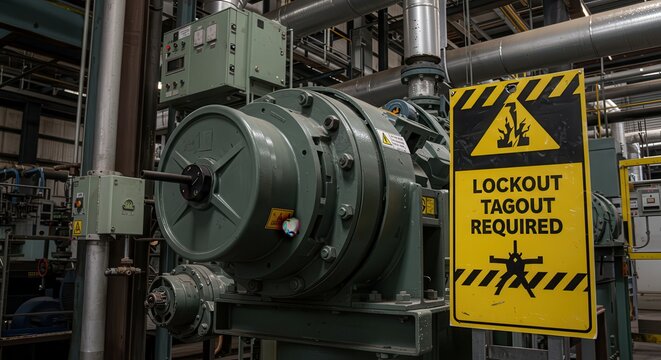 Industrial Equipment with Lockout Tagout Sign and Safety Measures