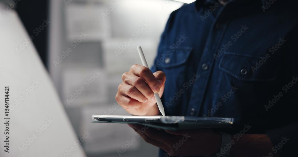 Poster Tablet, stylus and hand of man in studio for animation development with creative project. Digital technology, sketching and male concept artist drawing for character design with virtual art website.
