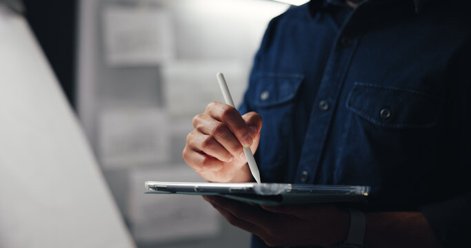 Tablet, stylus and hand of man in studio for animation development with creative project. Digital technology, sketching and male concept artist drawing for character design with virtual art website.