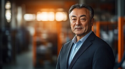 Obraz premium Confident Asian Senior Businessman in Industrial Setting