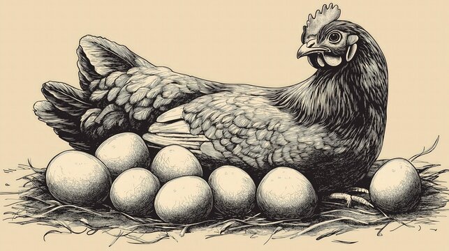 A detailed black and white illustration of a hen brooding over a clutch of fresh eggs nestled in straw for editorial use.