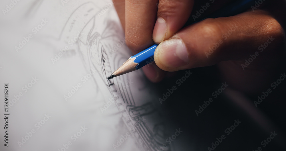 Poster hand, drawing or man with pencil, architecture or blueprints for renovation project. tool, closeup o