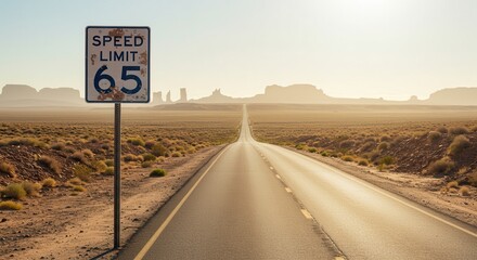 Driving Scenic Desert Road with Speed Limit Sign at Sunrise