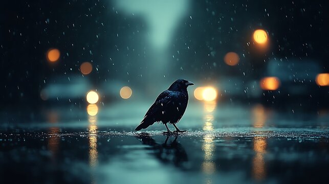 Crow in rain at night.