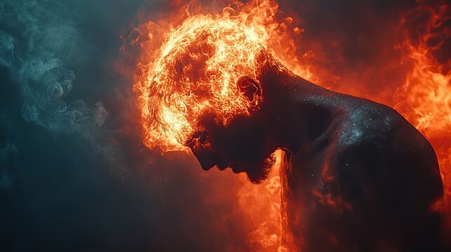 Overwhelmed by stress, information overload, and mental health struggles, the man experiences burnout, symbolized by an exploding head.
