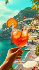 Holding an aperitif cocktail aperol spritz venetiano in Positano Italy Coastal landscapes