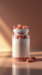 A glass bottle containing a red liquid supplement, possibly magnesium glycinate, with sunlight streaming on its surface and creating a warm shadow.