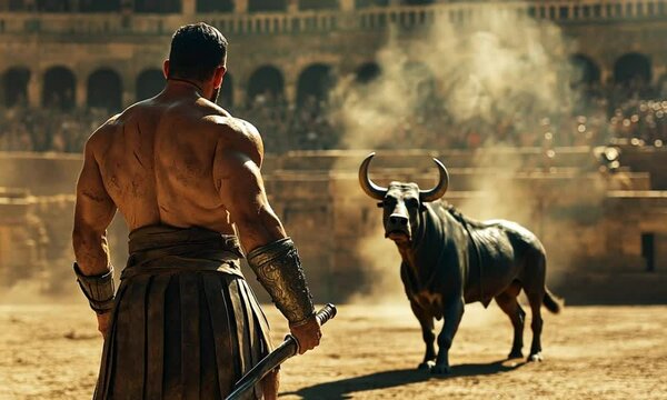 A muscular gladiator stands facing a charging bull in an ancient Roman arena.