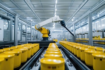 Fototapeta premium Automated Factory Production Line with Robotic Arm and Yellow Containers