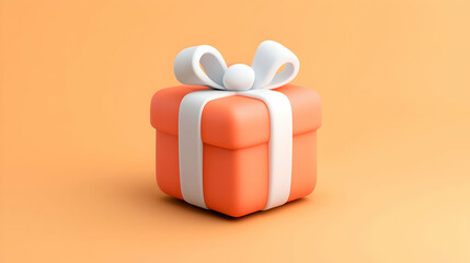 Orange Gift Box with White Ribbon and Bow on Peach Background