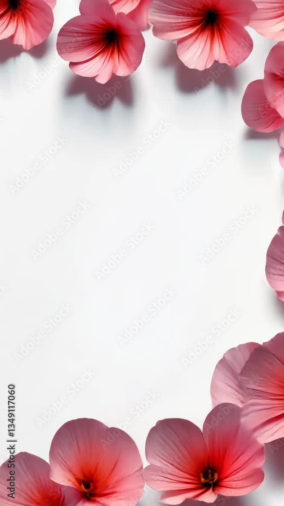 Poster A white background with a pink flower on the left side. There are several pink flowers in the middle and right side of the image