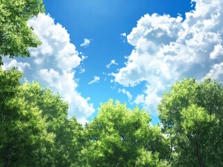 Blue sky with white clouds, trees in the foreground, clear sky