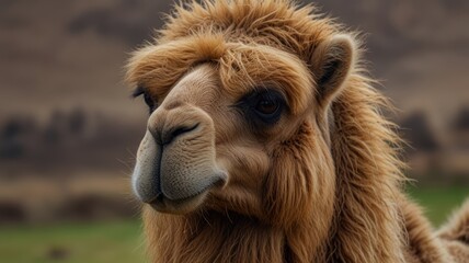 Fototapeta premium Close-up of a camel's head and neck, featuring thick fur and a soft expression
