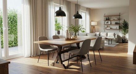 Modern Living Room with Wooden Dining Table and Comfortable Seating