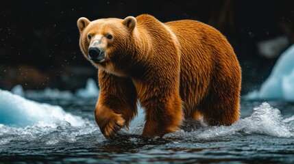 Fototapeta premium Majestic brown bear wading through icy water